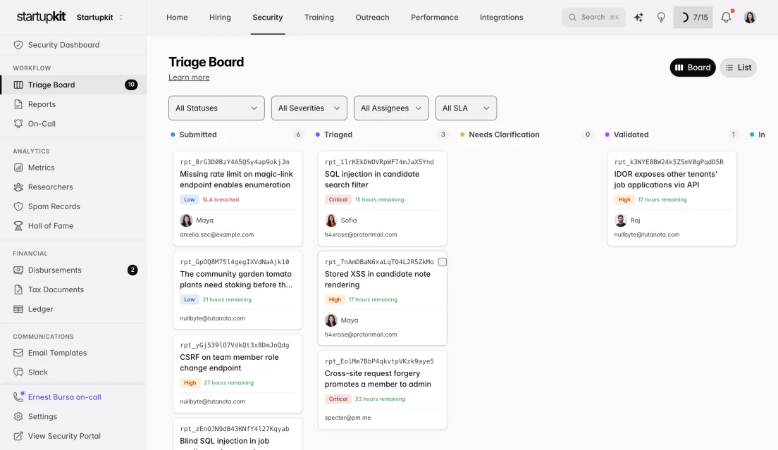 Triage board with vulnerability reports in columns by status