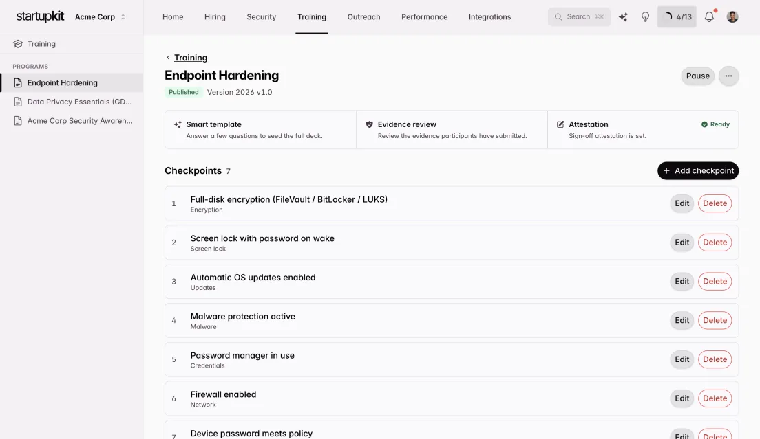 Program editor showing the deck outline and security checkpoints of a training program before publishing