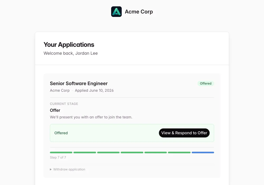 Kit candidate portal: Jordan Lee's Senior Software Engineer application sitting at the Offer stage, with a View and respond to offer button, reached from one link.