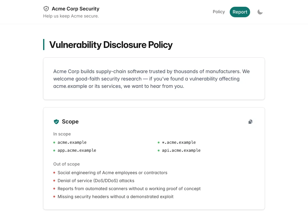 Published vulnerability disclosure policy page with program scope and safe harbor terms