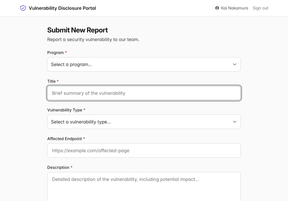 Vulnerability report form on a branded researcher portal with title, severity, and proof-of-concept fields