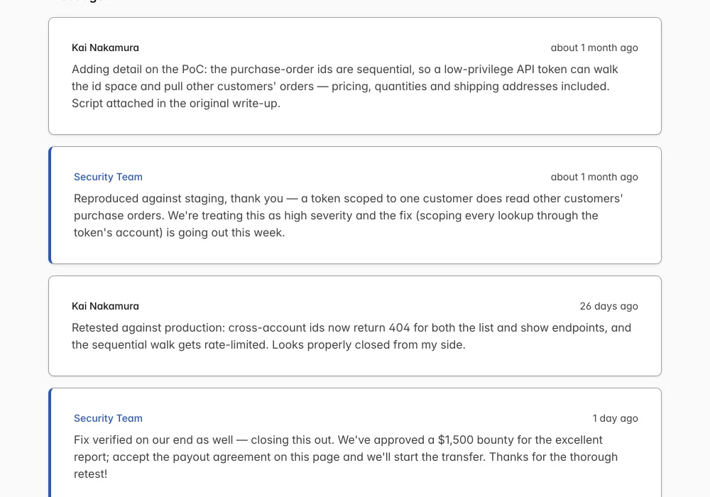 Message thread between a security researcher and the team on a submitted vulnerability report