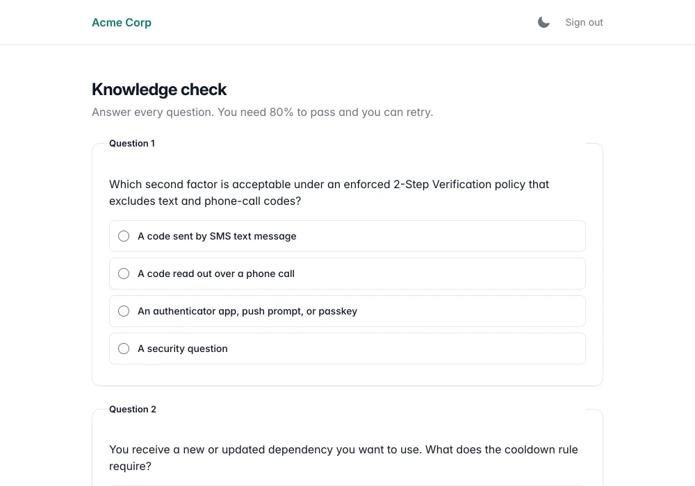 Multiple-choice quiz question in the training runner with selectable answers