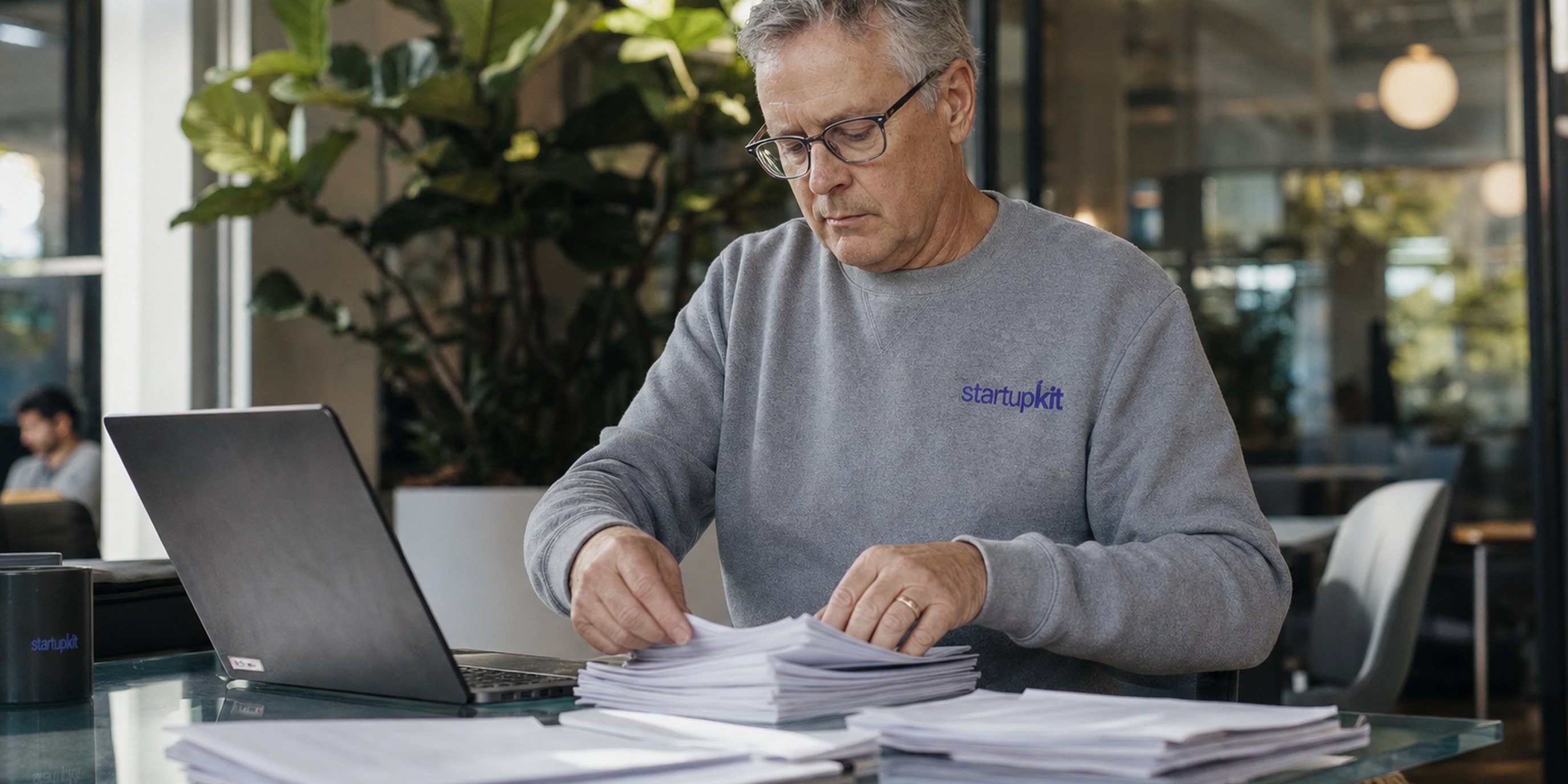 A greying hiring lead sorts a thick stack of candidate scorecards at a glass co-working table, laptop open beside him