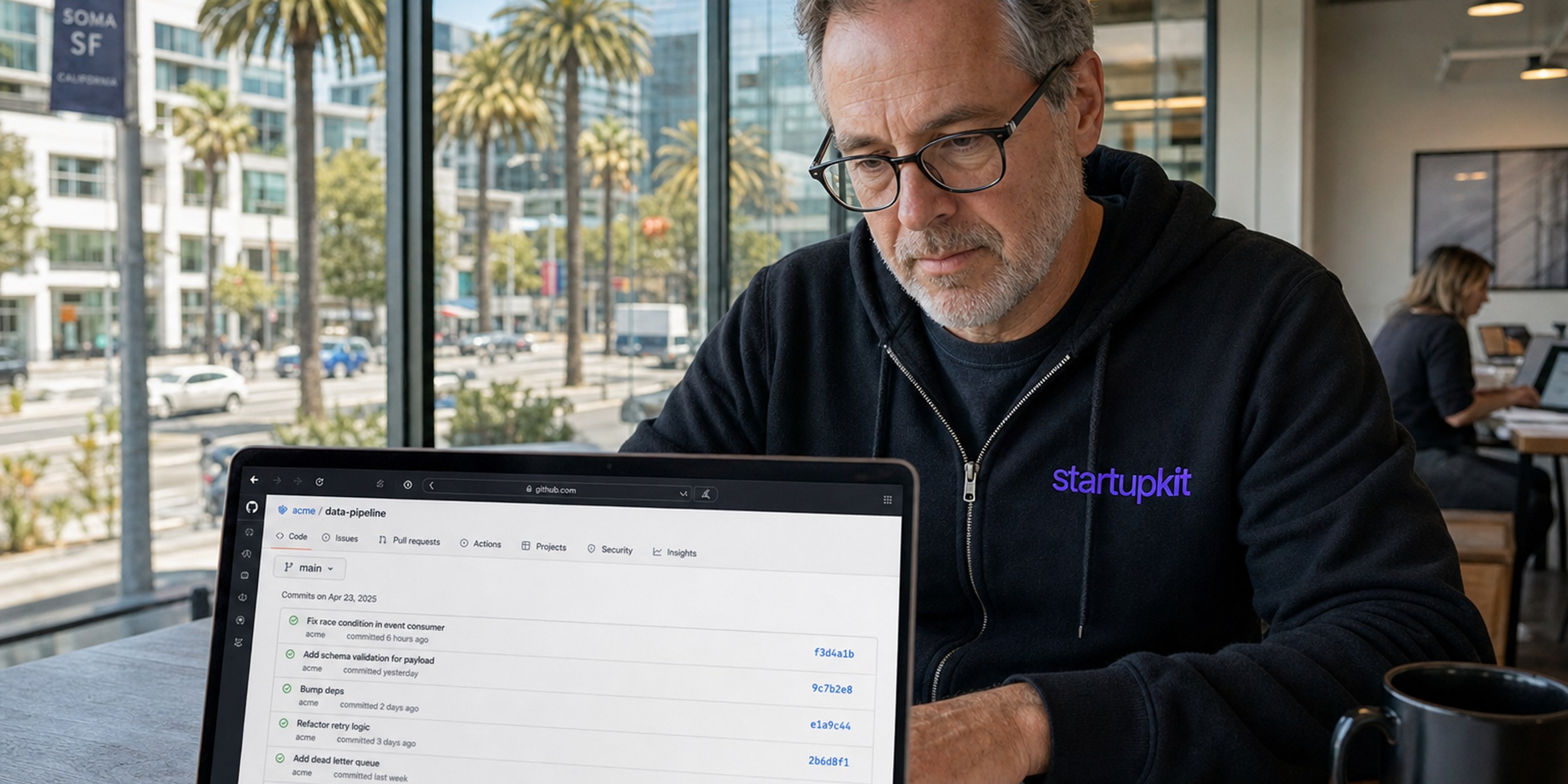 An engineering director alone at a glass co-working desk cross-checking a candidate's real GitHub commit history on his laptop against handwritten interview notes