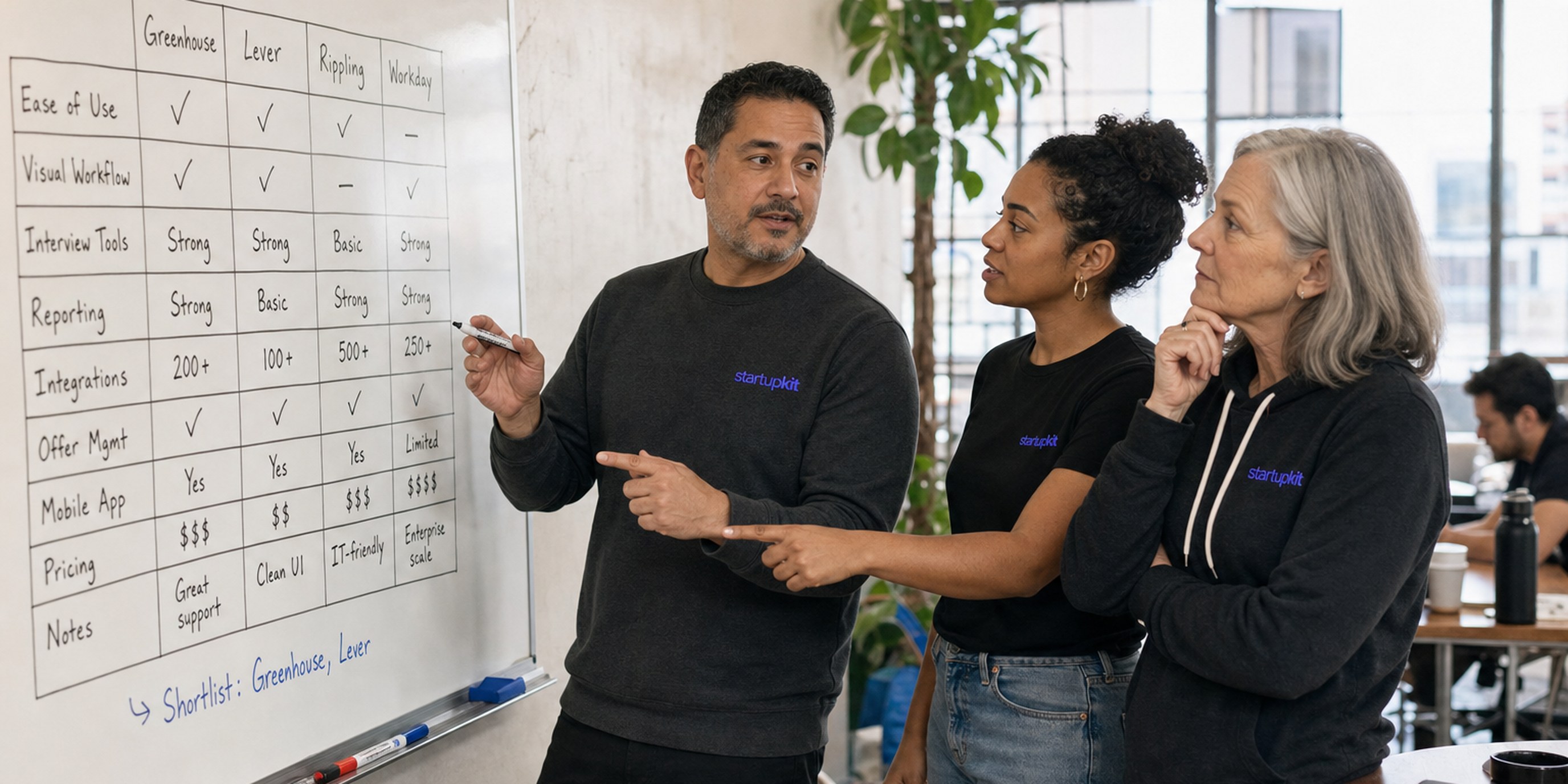 A three-person hiring-ops team at a whiteboard comparing ATS vendors on a hand-drawn feature grid, one pointing to a shortlisted column