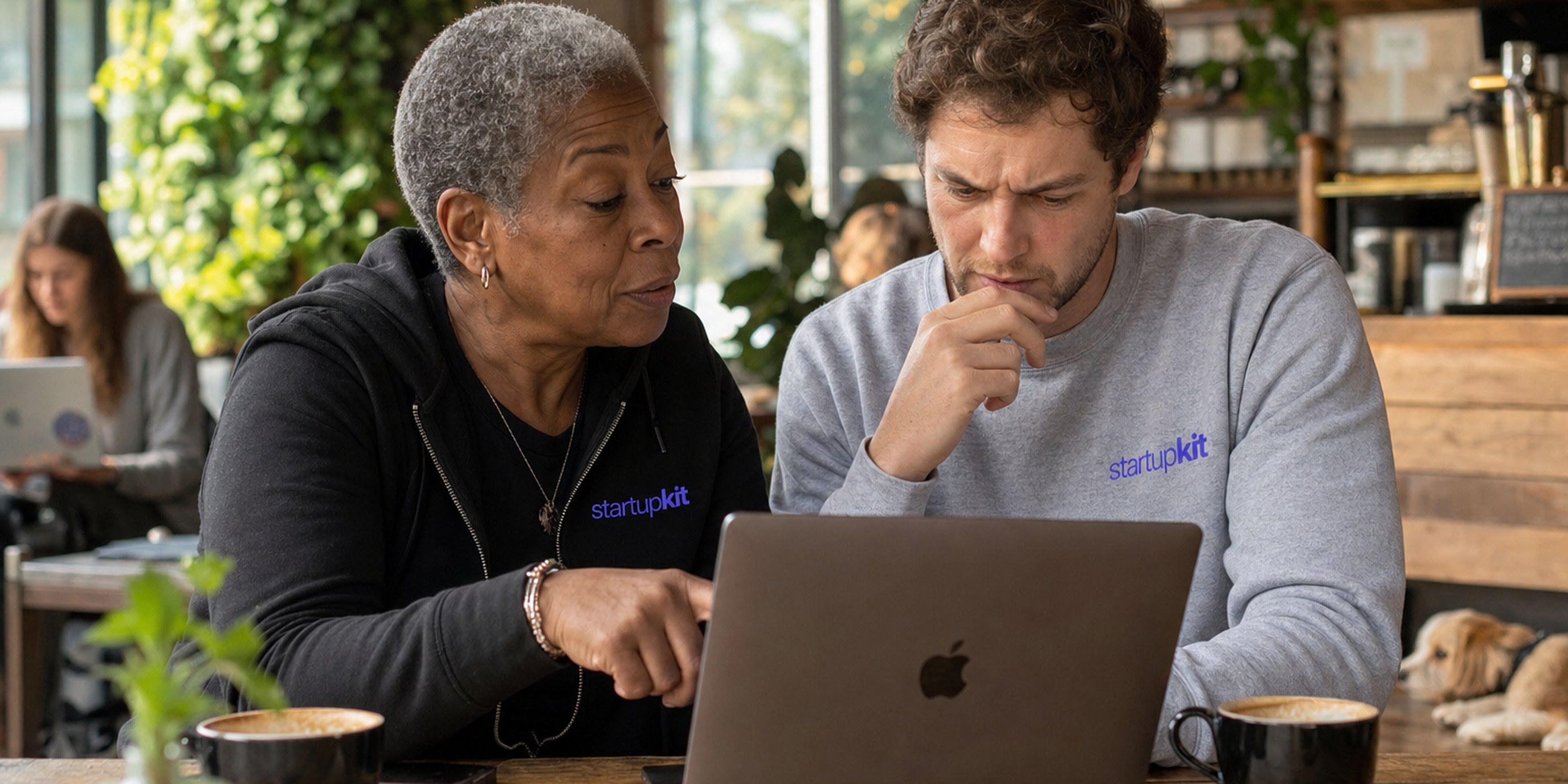 A senior Black woman recruiter and a younger white male teammate sit shoulder to shoulder at a reclaimed-wood table in a sunlit San Francisco coffee shop, both looking at a laptop as she points to a candidate's four-minute reply timestamp and he leans in looking skeptical