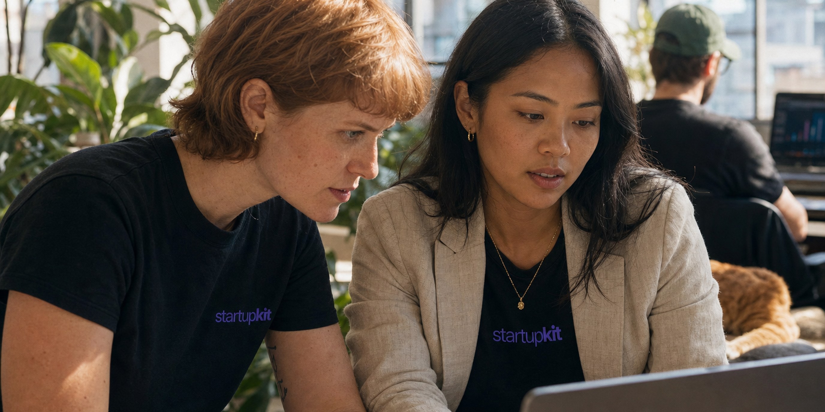 Two women recruiters leaning over a laptop in a bright plant-filled studio, studying a hiring-pipeline chart where one stage's bar drops off sharply