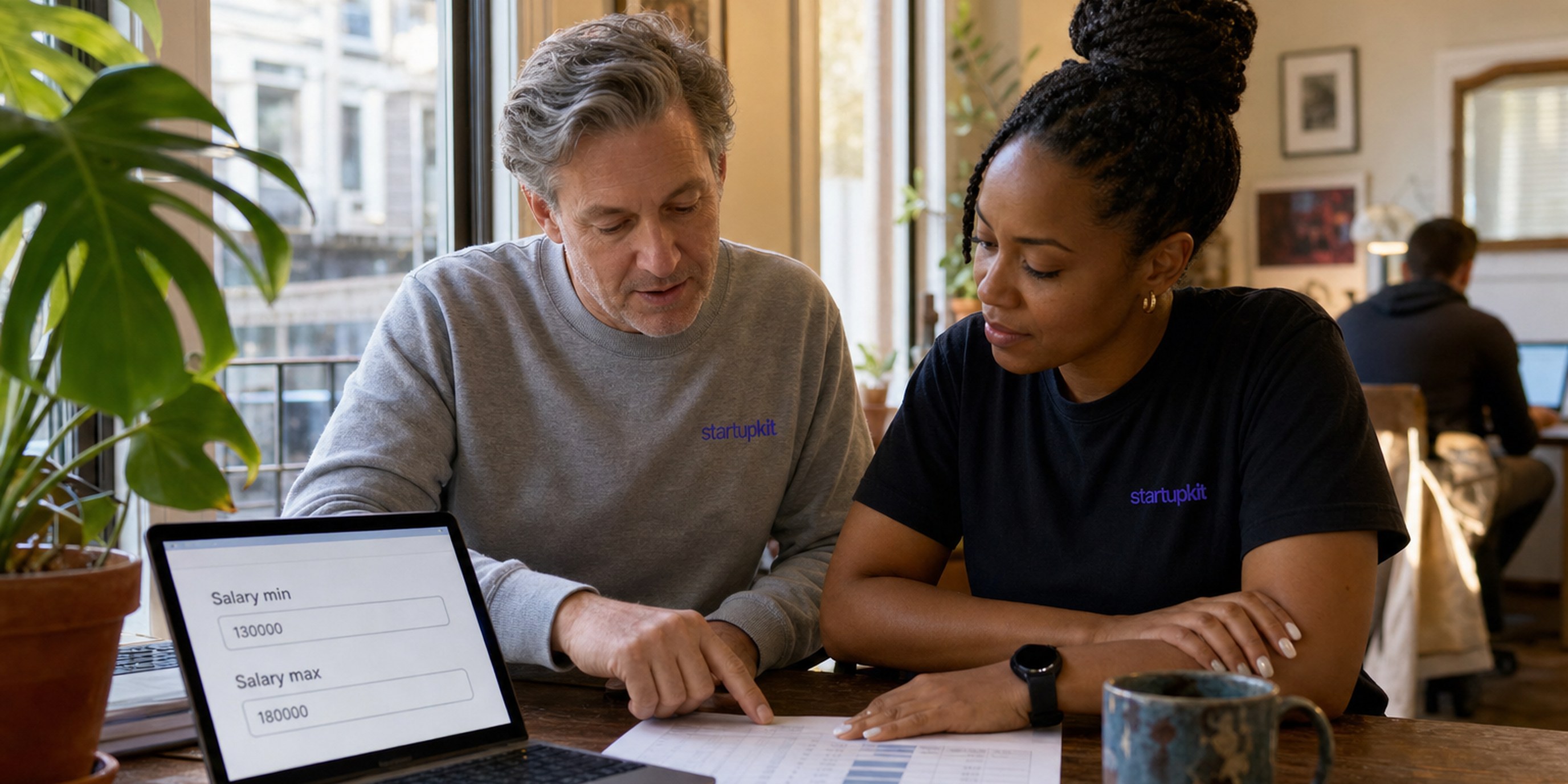 A Black head of talent and a colleague at a wooden desk in a sunlit San Francisco Victorian home office, pointing at a printed sheet of market salary bands beside a laptop showing a job posting form with the salary min and max fields filled in