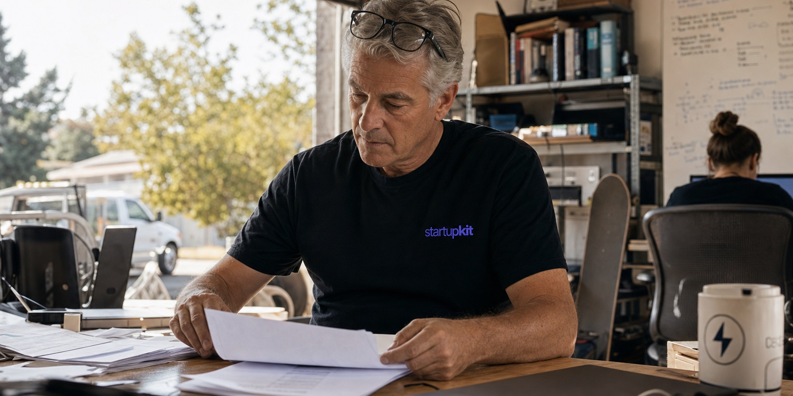 A hiring manager sorts printed resumes by hand at a garage-office desk, next to a closed laptop, rather than letting software auto-reject