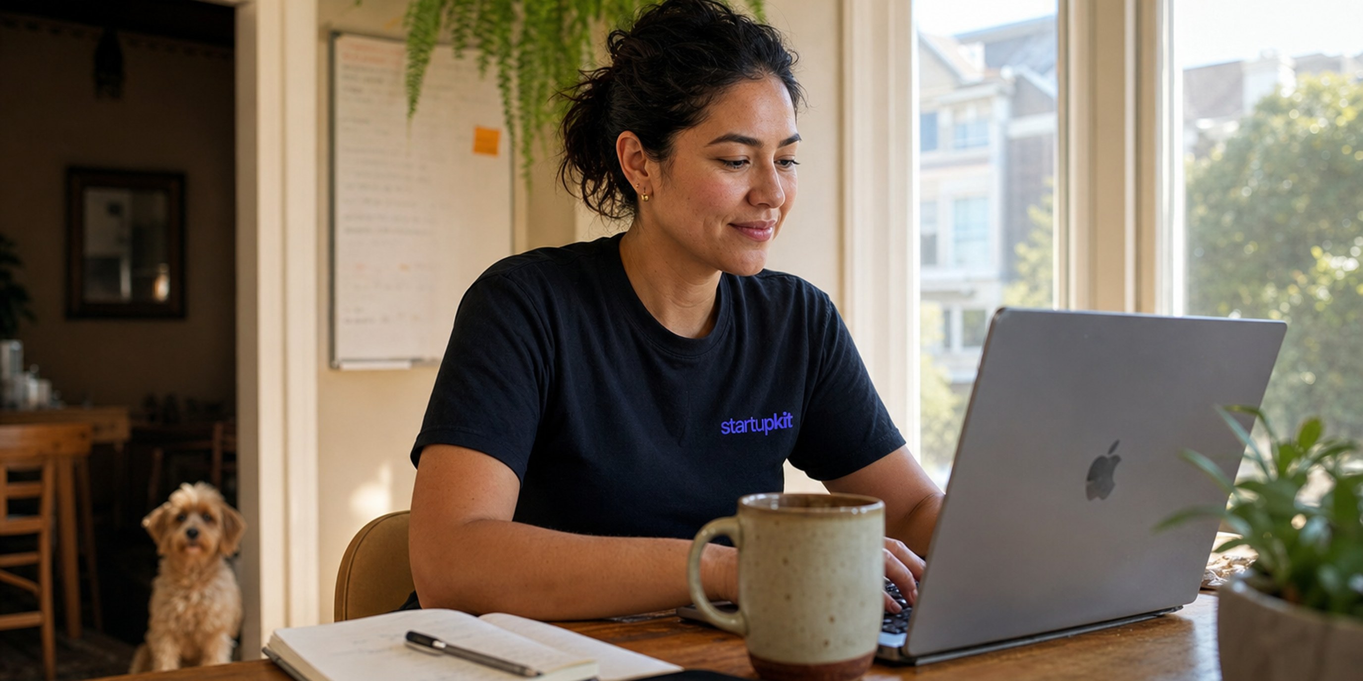 Startup founder at a kitchen-table laptop reviewing a candidate pipeline flagged with overdue follow-ups