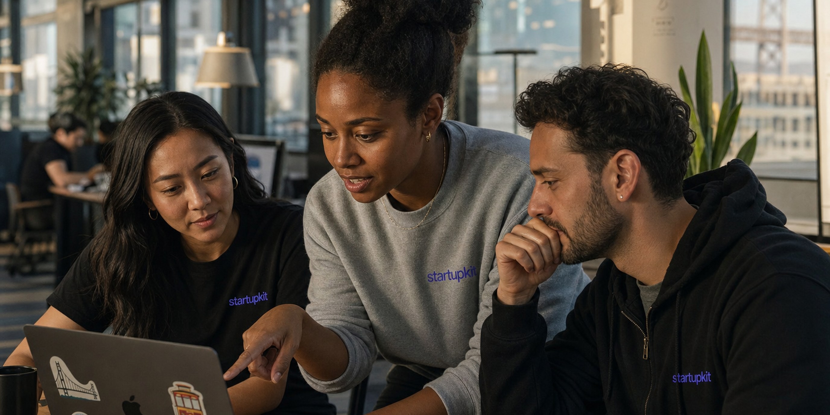 A startup founder reviewing a live hiring pipeline on a laptop in a sunlit San Francisco loft, with a candidate's application moving through visible interview stages on screen