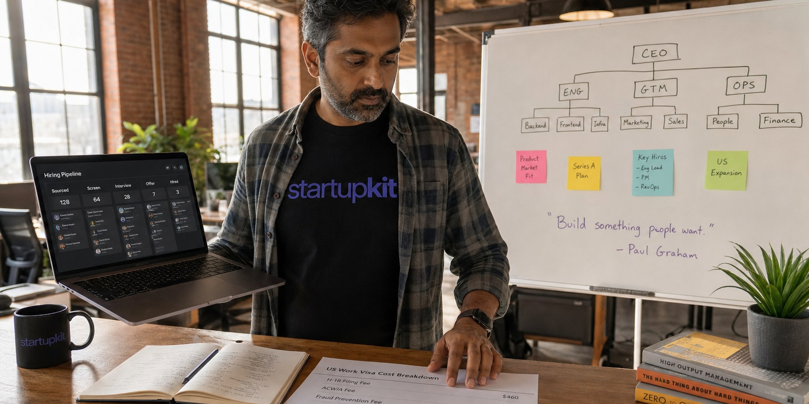 Latina startup founder at a reclaimed-wood desk in a sunlit Victorian home office, comparing a printed visa-cost breakdown against a candidate pipeline on her laptop