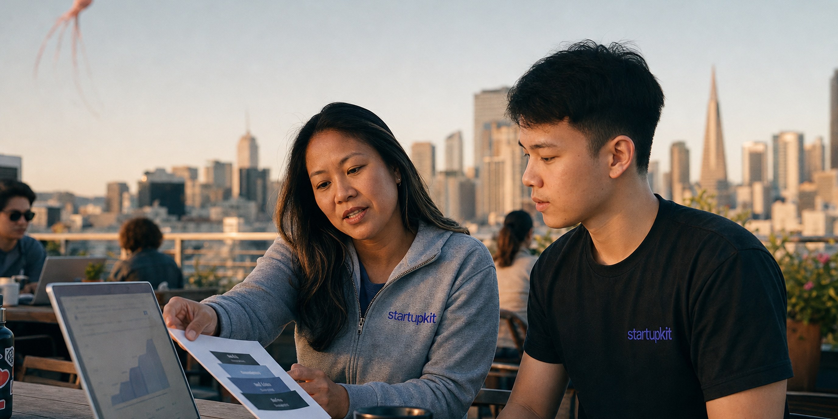 A Filipina startup founder and a younger engineering candidate on a San Francisco rooftop at golden hour, comparing a printed four-tier H-1B wage-level ladder against a laptop showing a city salary band, skyline behind them
