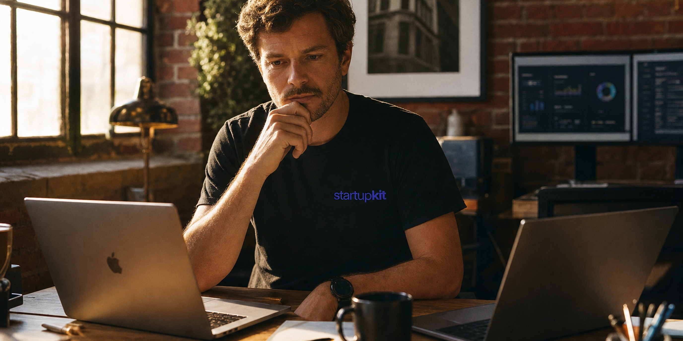 Engineering hiring manager in a startupkit tee comparing two laptops while weighing a candidate's architectural judgment