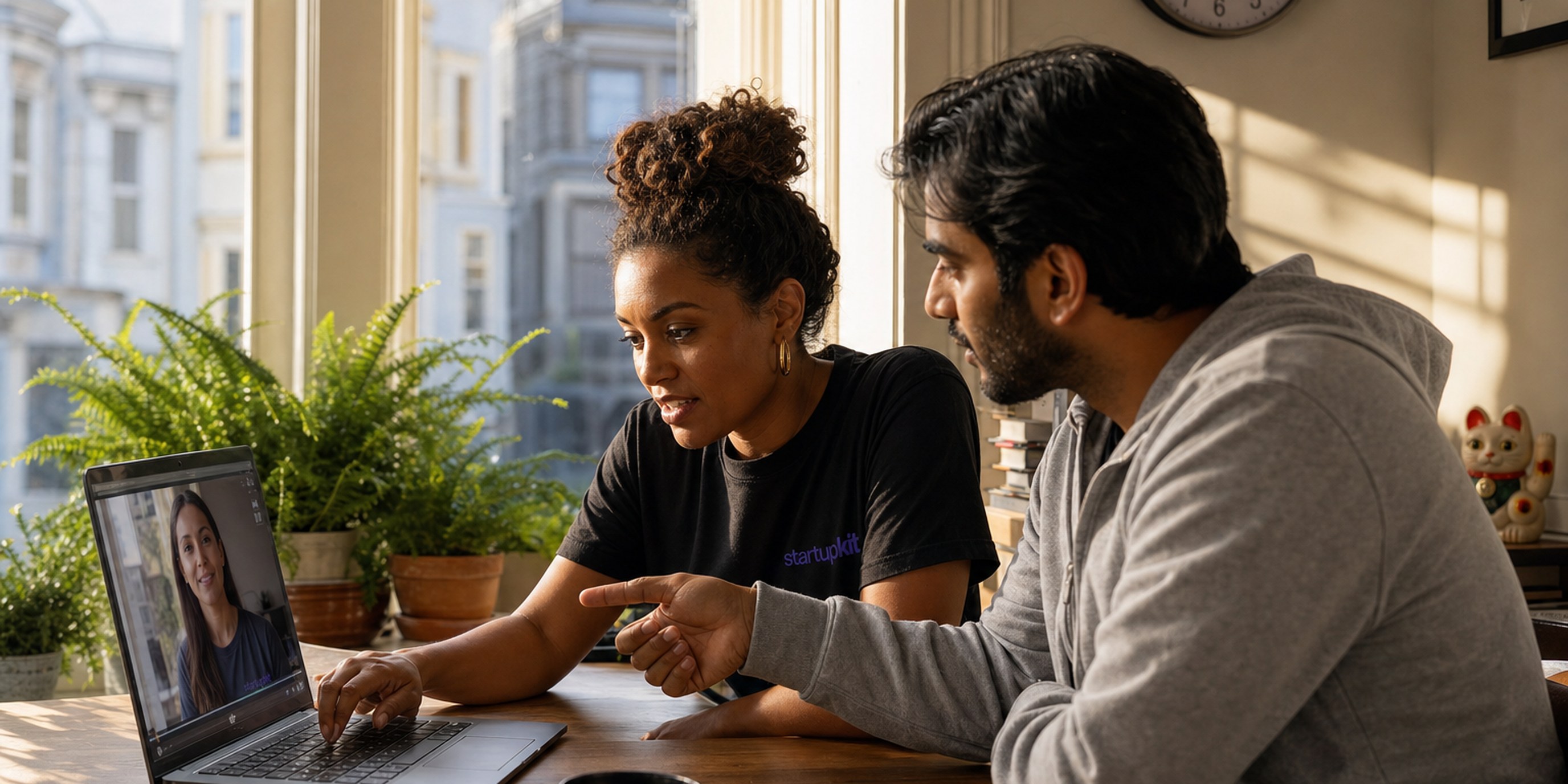 Distributed hiring team member reviewing a candidate's recorded video interview on a laptop in a sunlit home office, scoring the submission asynchronously