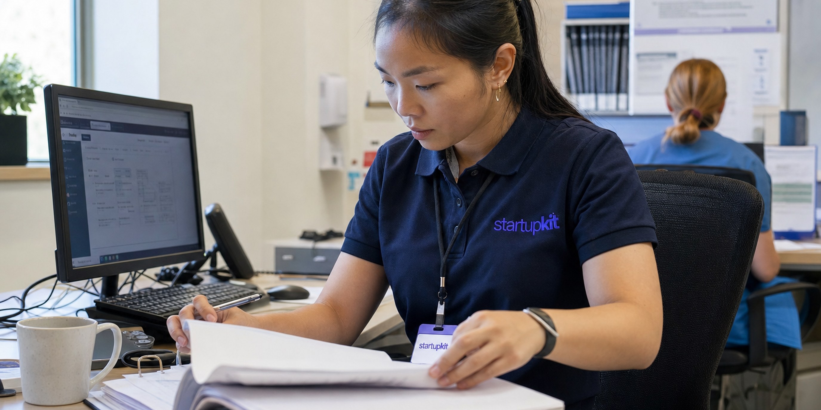 Clinical research associate (CRA) monitoring a trial by reviewing source documents against an electronic data capture screen at an investigator site