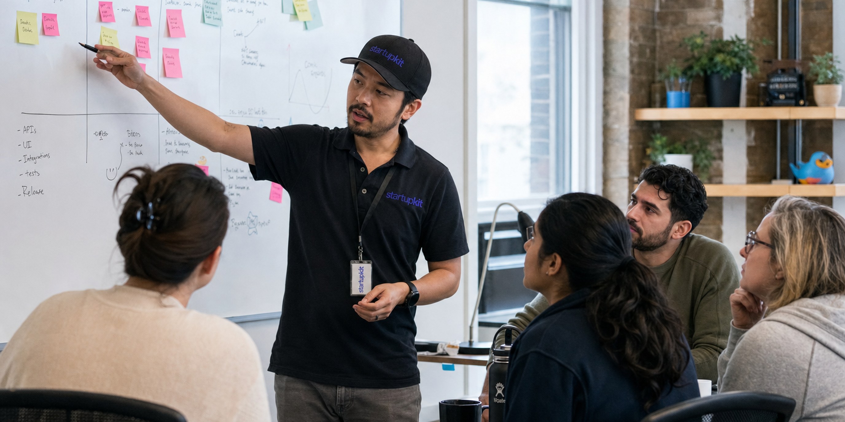Engineering manager hiring: an EM leading a sprint planning session at a whiteboard while four engineers discuss work in a bright startup office
