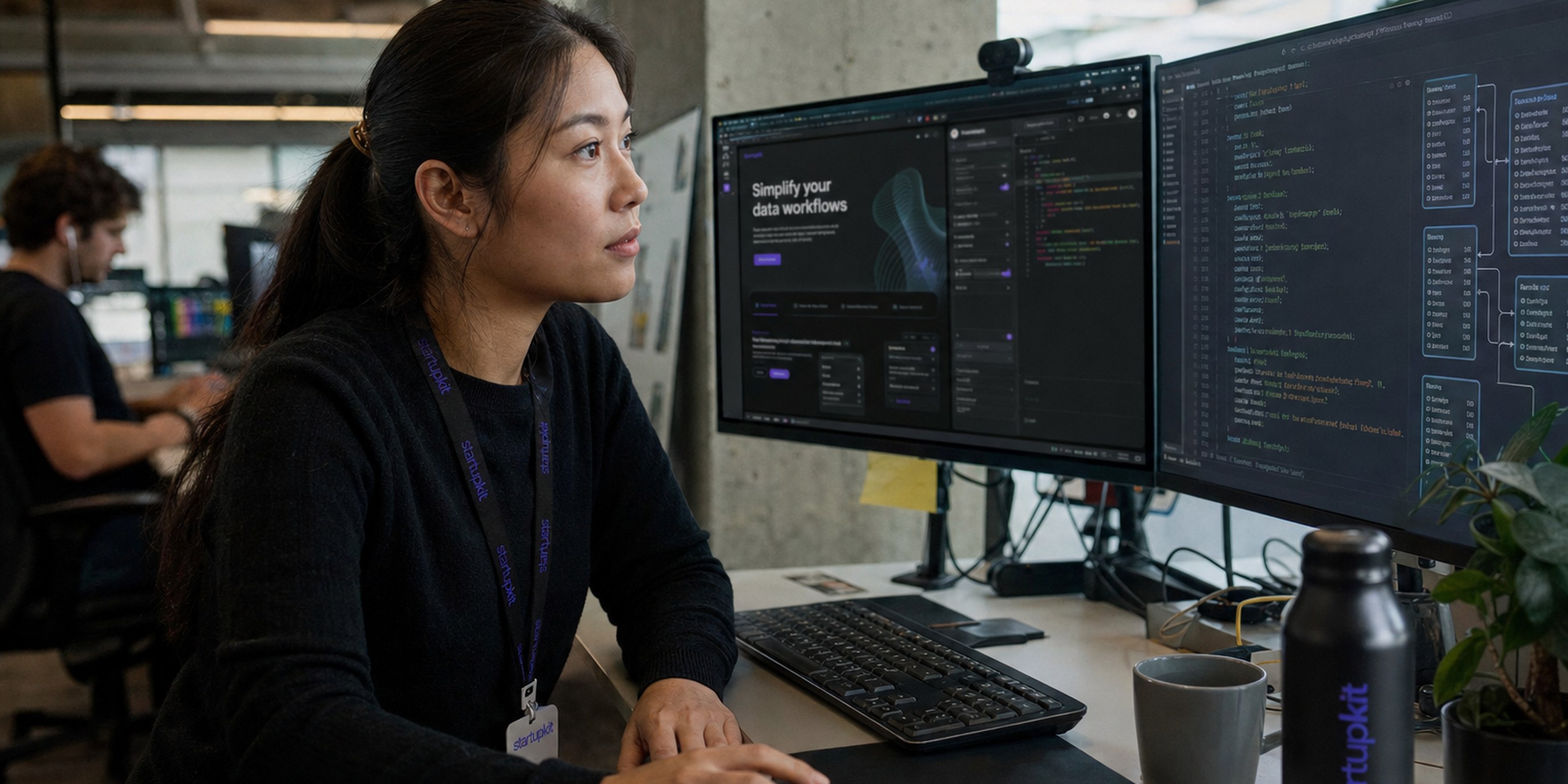 Full-stack engineer hiring at a startup desk: frontend UI on one monitor, API code and database schema on the other