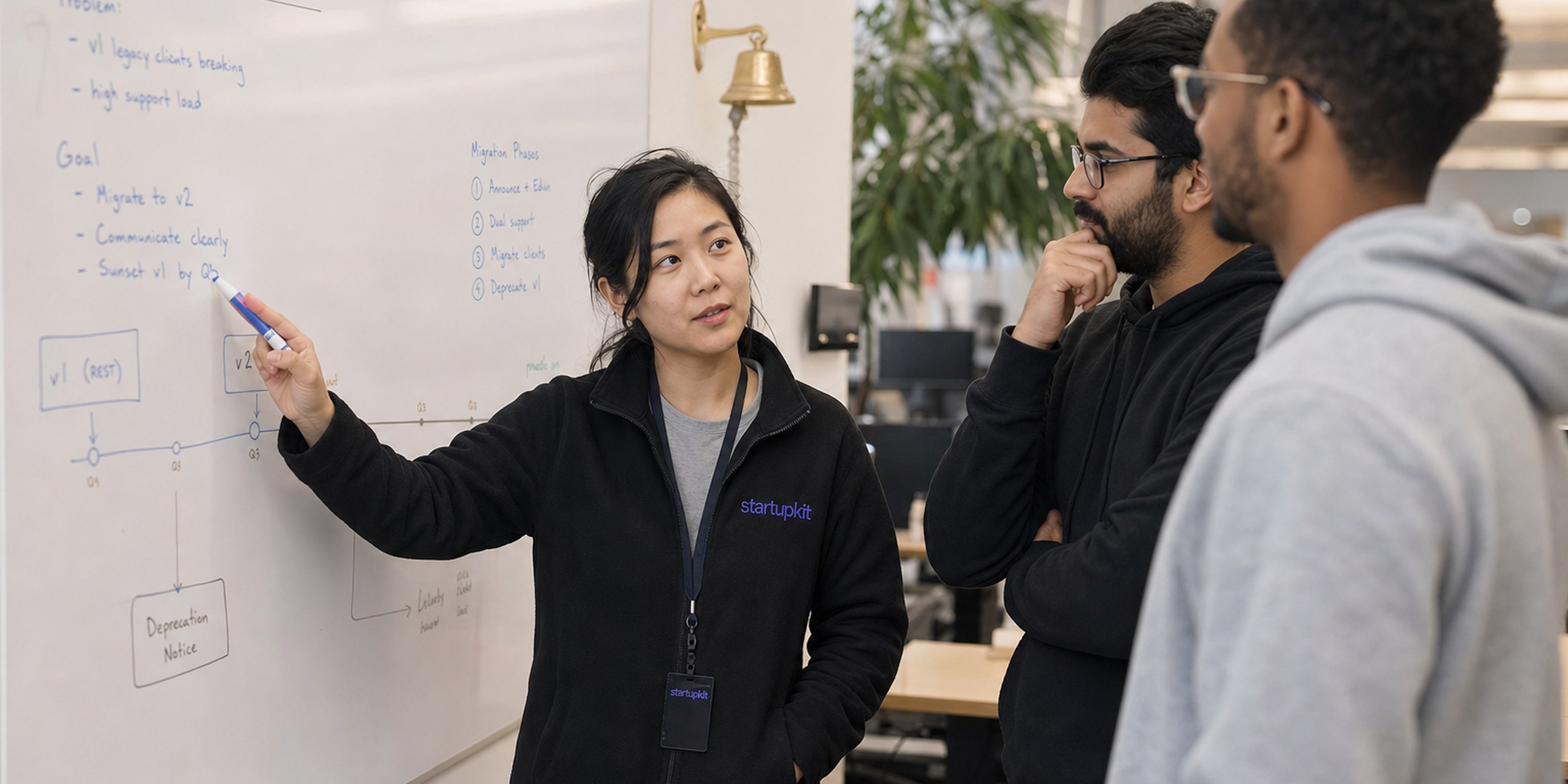 Technical product manager reviewing an API deprecation and migration plan at a whiteboard with two backend engineers during a hiring working session