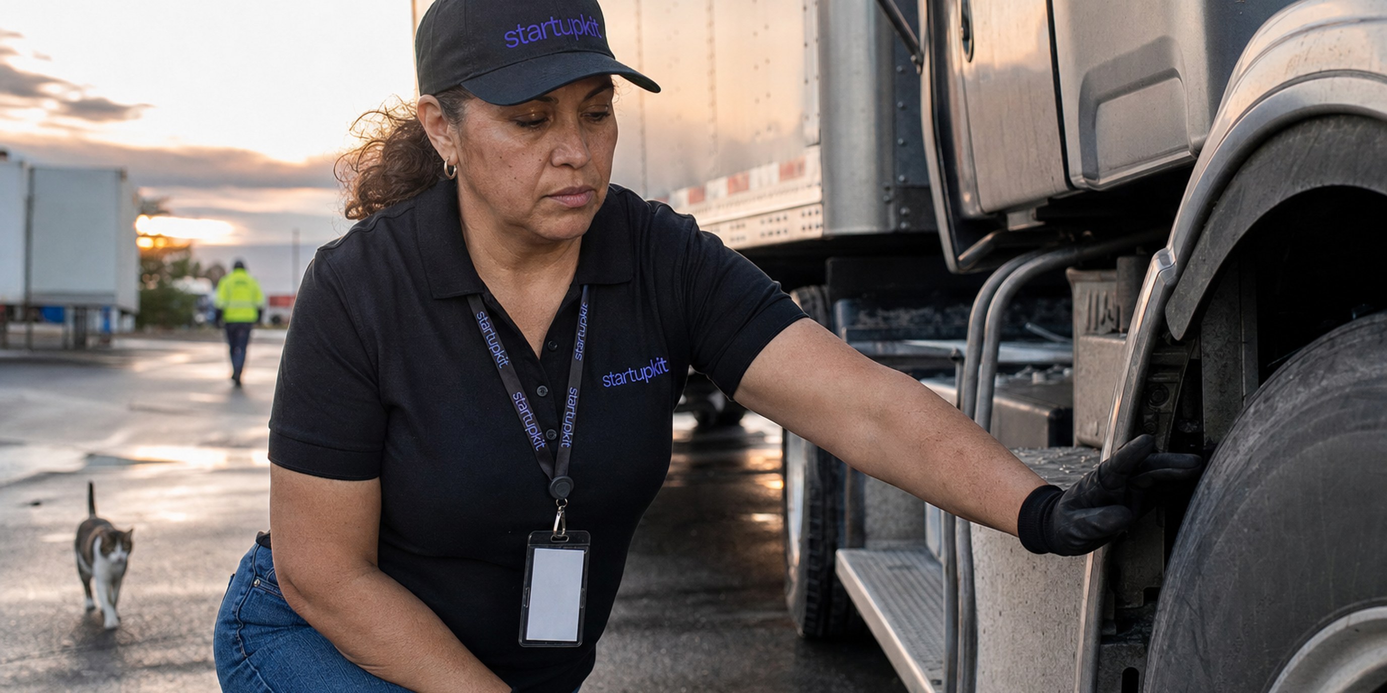 CDL truck driver in her 50s completing a DOT pre-trip inspection beside a tractor-trailer at a logistics yard at dawn