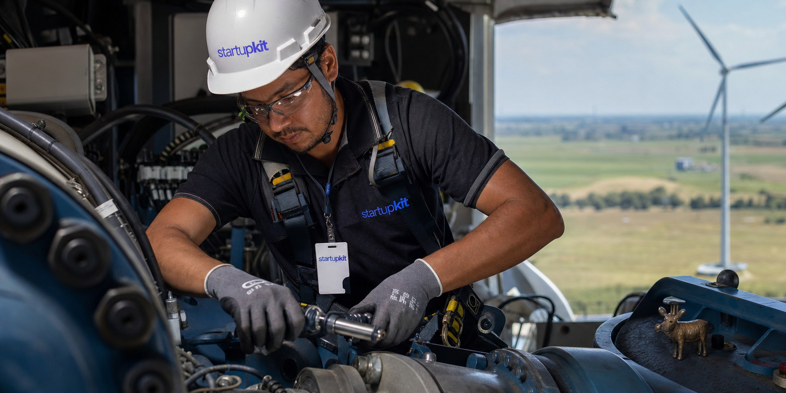 Wind turbine service technician in a safety harness inspecting drivetrain components inside the nacelle of an onshore turbine at height