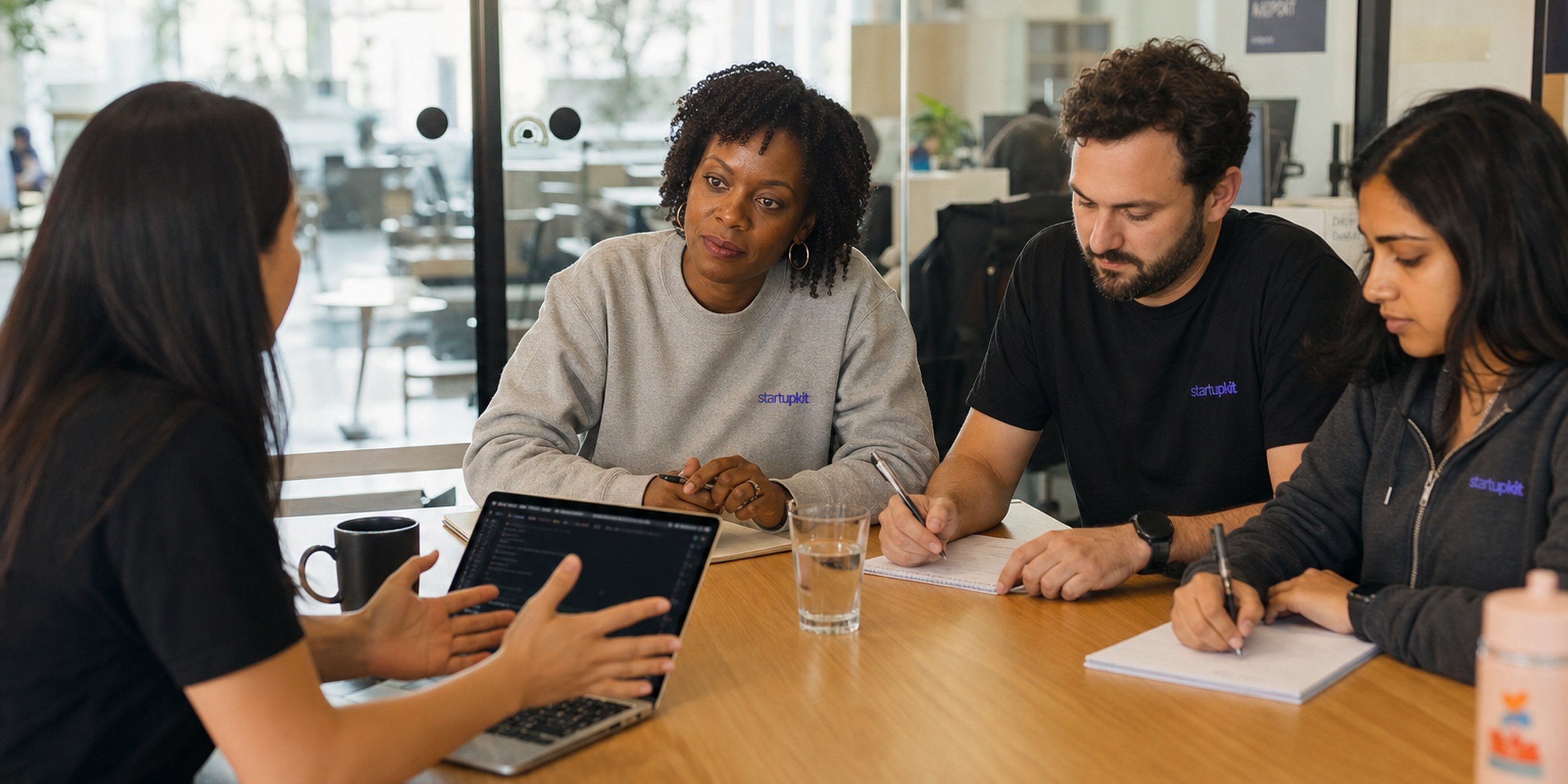 A small startup hiring panel in a sunny co-working room running a structured final-round interview, each interviewer scoring an independent rubric on a laptop