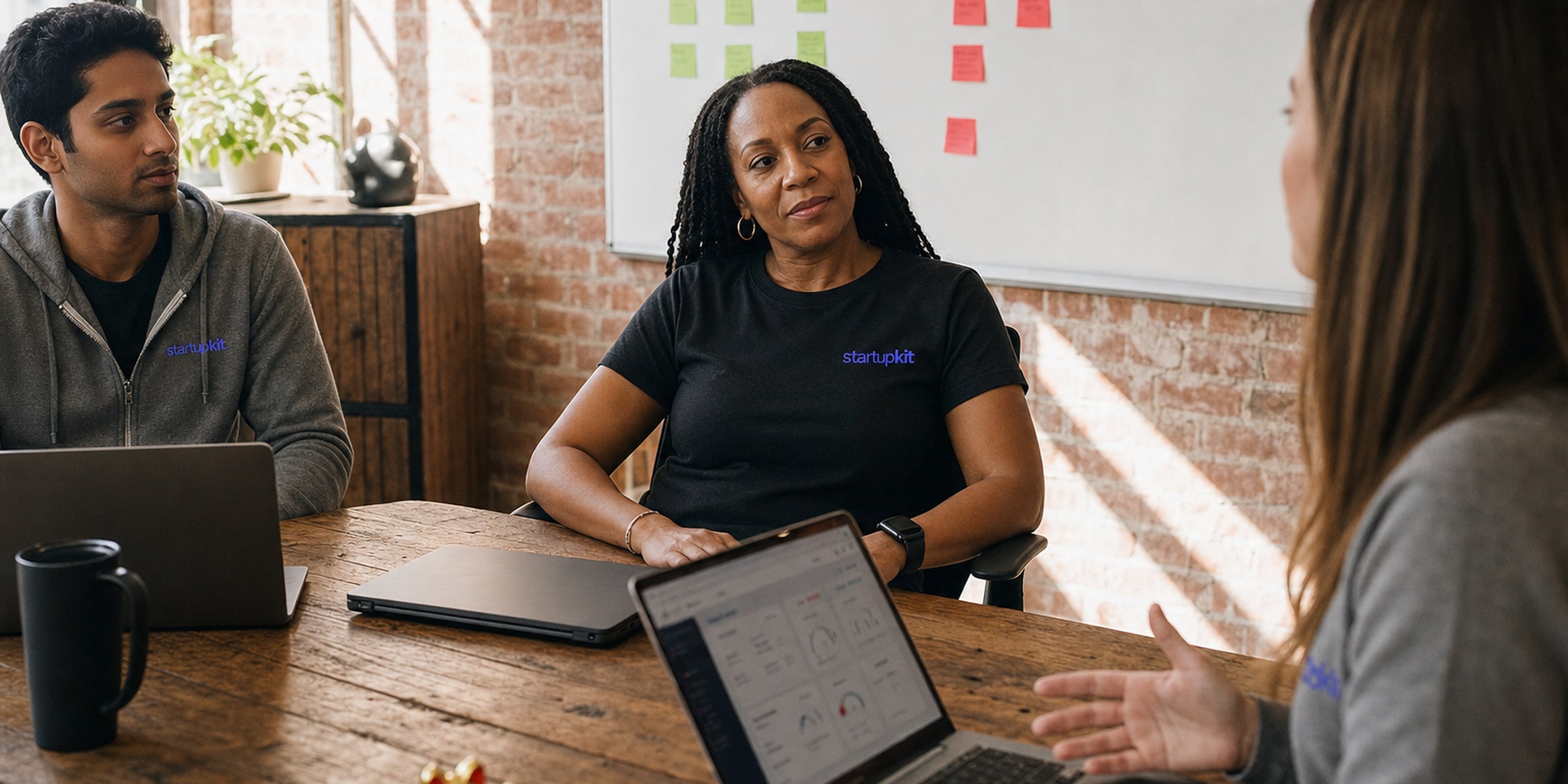 Four startup interviewers in a sunlit SOMA loft conference room, each submitting an independent scorecard on a laptop before the debrief begins, the hiring manager seated last with her screen still closed