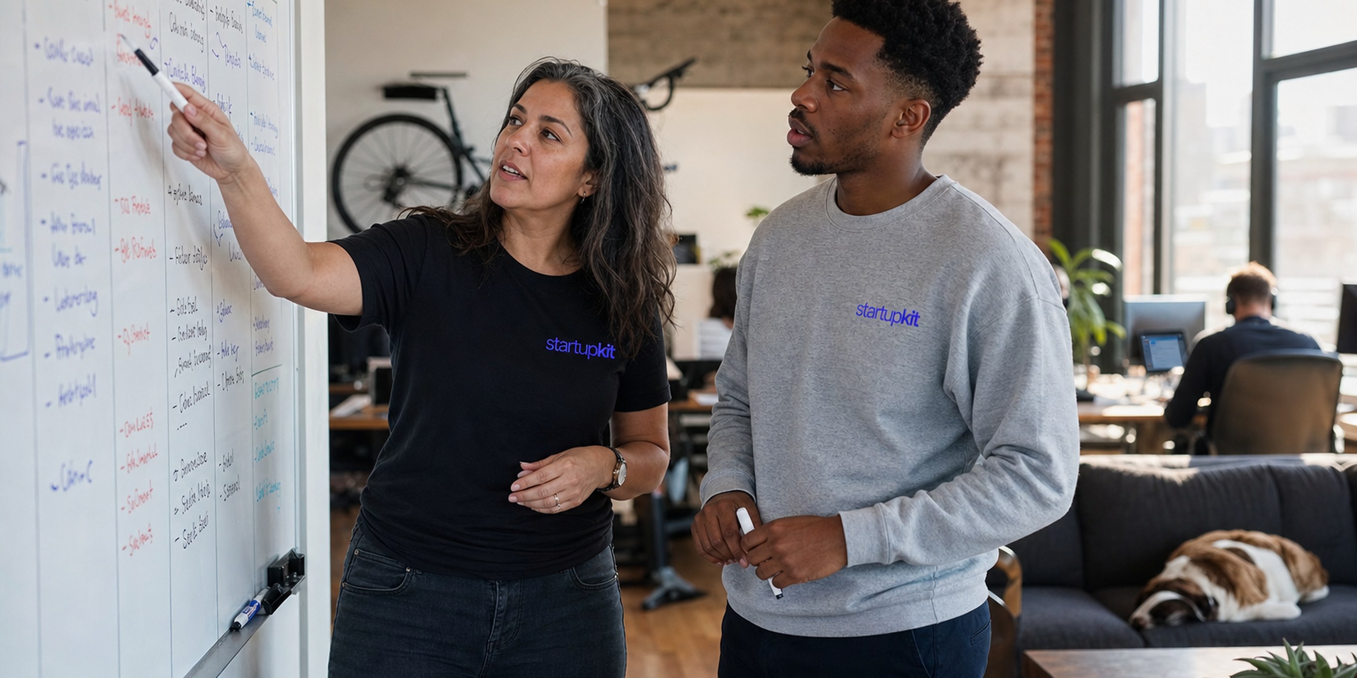 Two startup talent teammates at a whiteboard comparing a closed vendor recruiting agent against their own open, inspectable outreach workflow