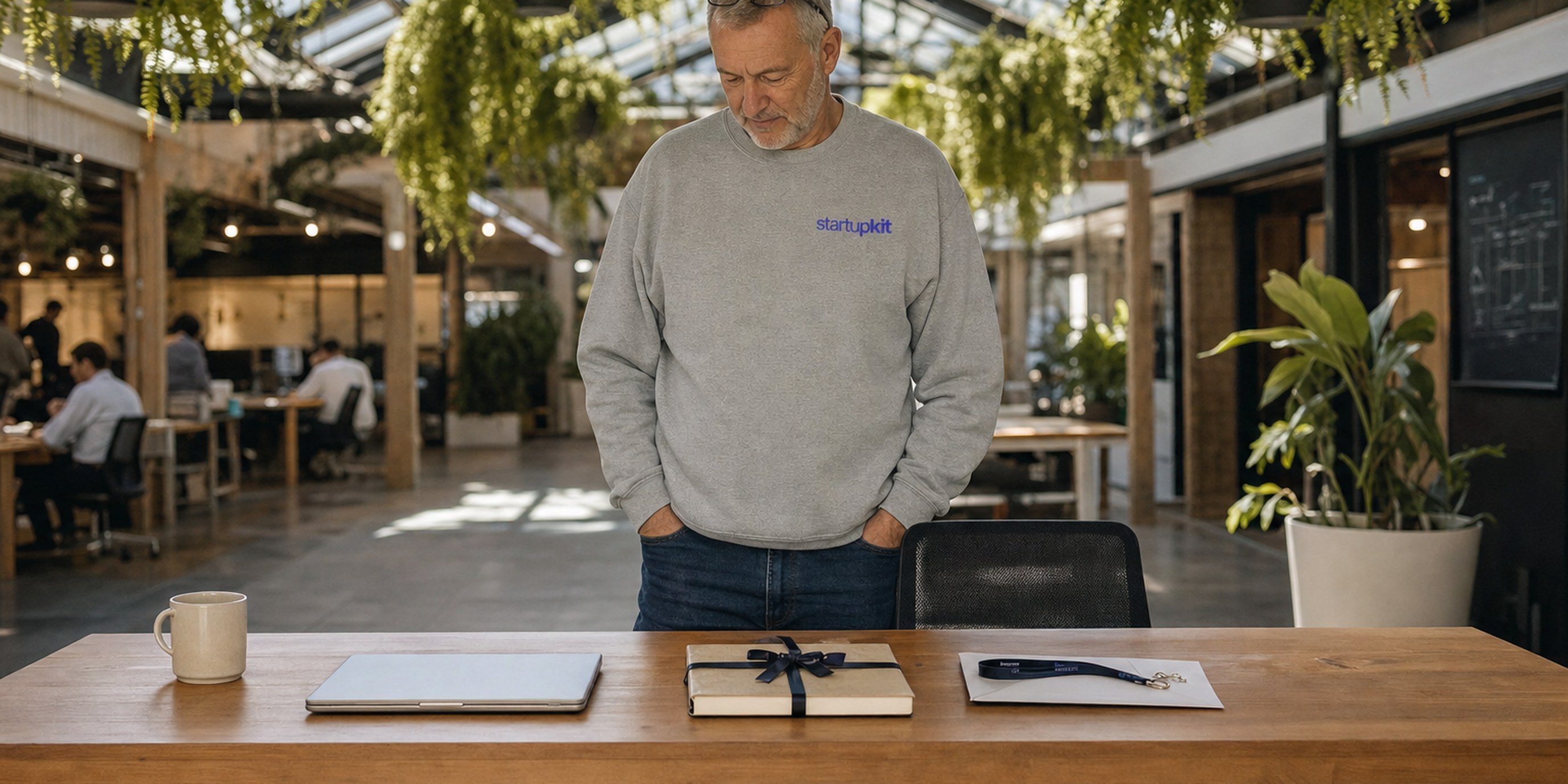 A head of talent standing alone behind a desk prepared for a new hire who never arrived: closed laptop, ribboned welcome gift, sealed lanyard, cold coffee, and an empty chair
