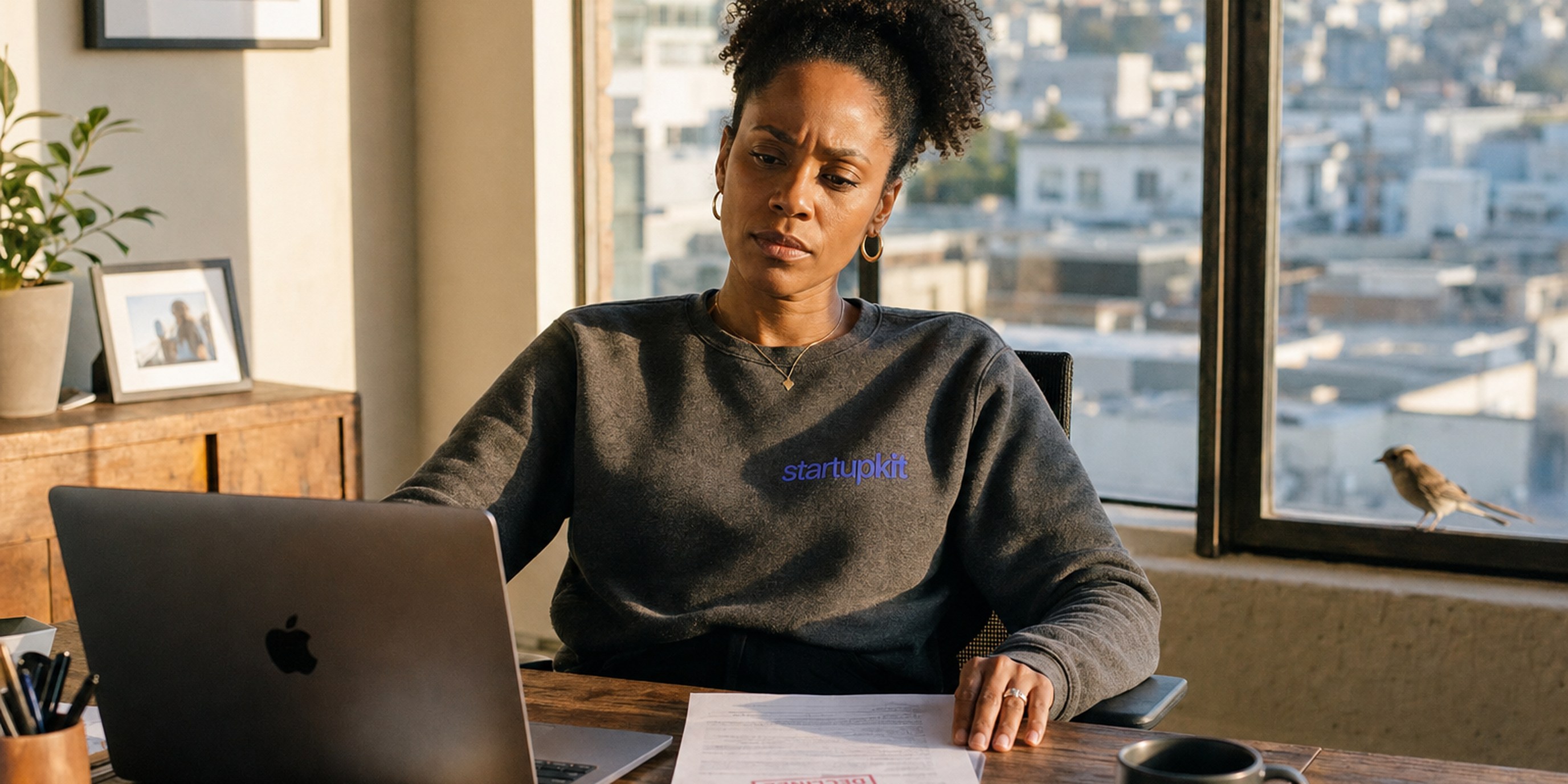 A startup hiring lead at a sunlit San Francisco desk reviewing an offer-acceptance dashboard, with a declined offer letter pulled up beside it