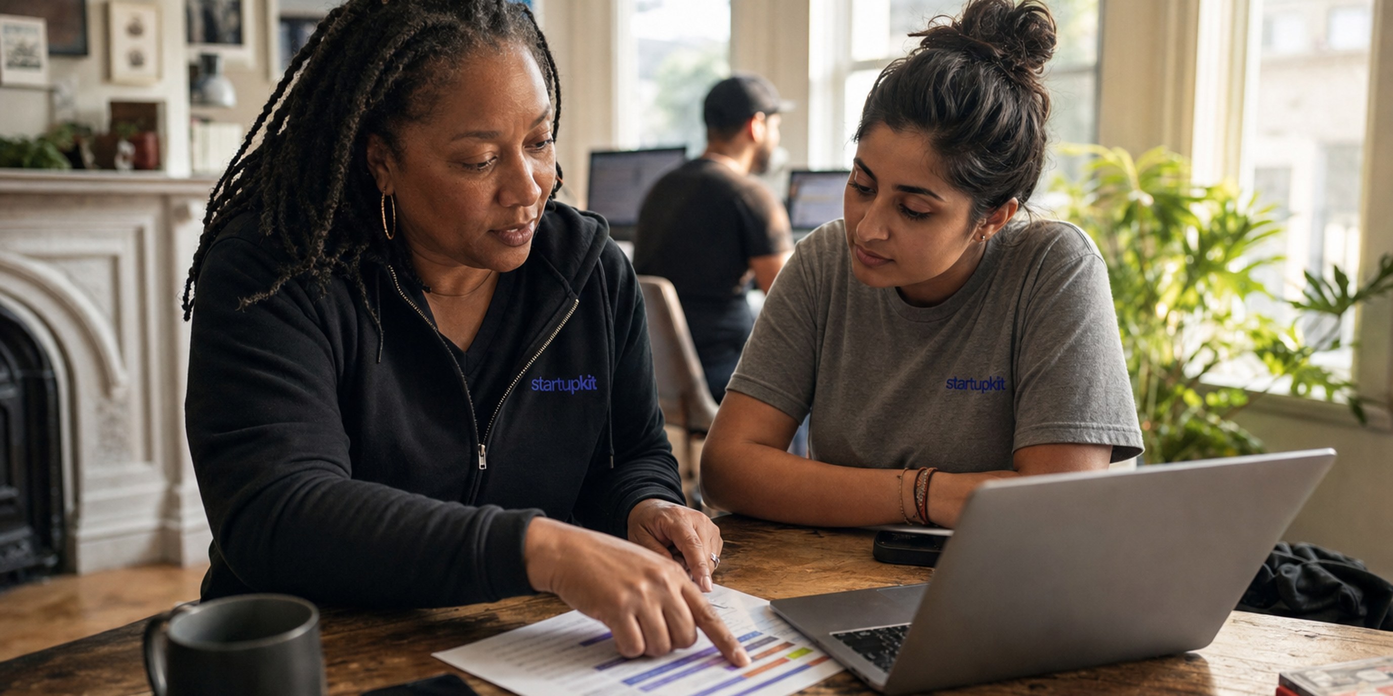 Head of People comparing a market salary benchmark chart with P25, median and P75 marks against a draft job posting on a laptop in a sunlit startup office