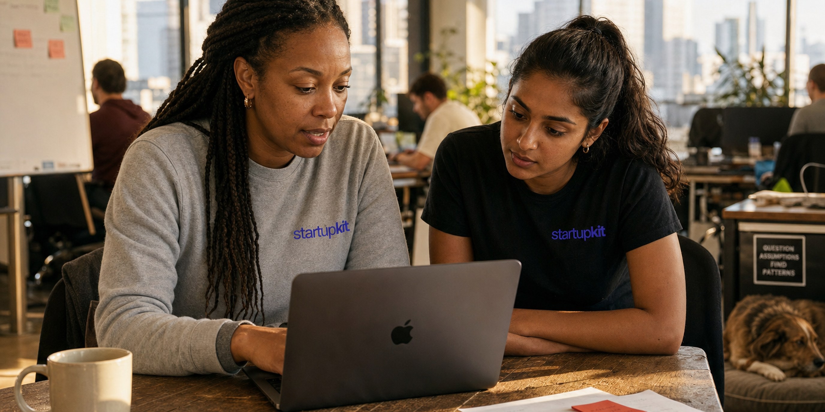 Head of talent and a security lead at a startup desk reviewing a candidate data retention and deletion policy on screen, with passport scans and a video interview thumbnail flagged for minimization