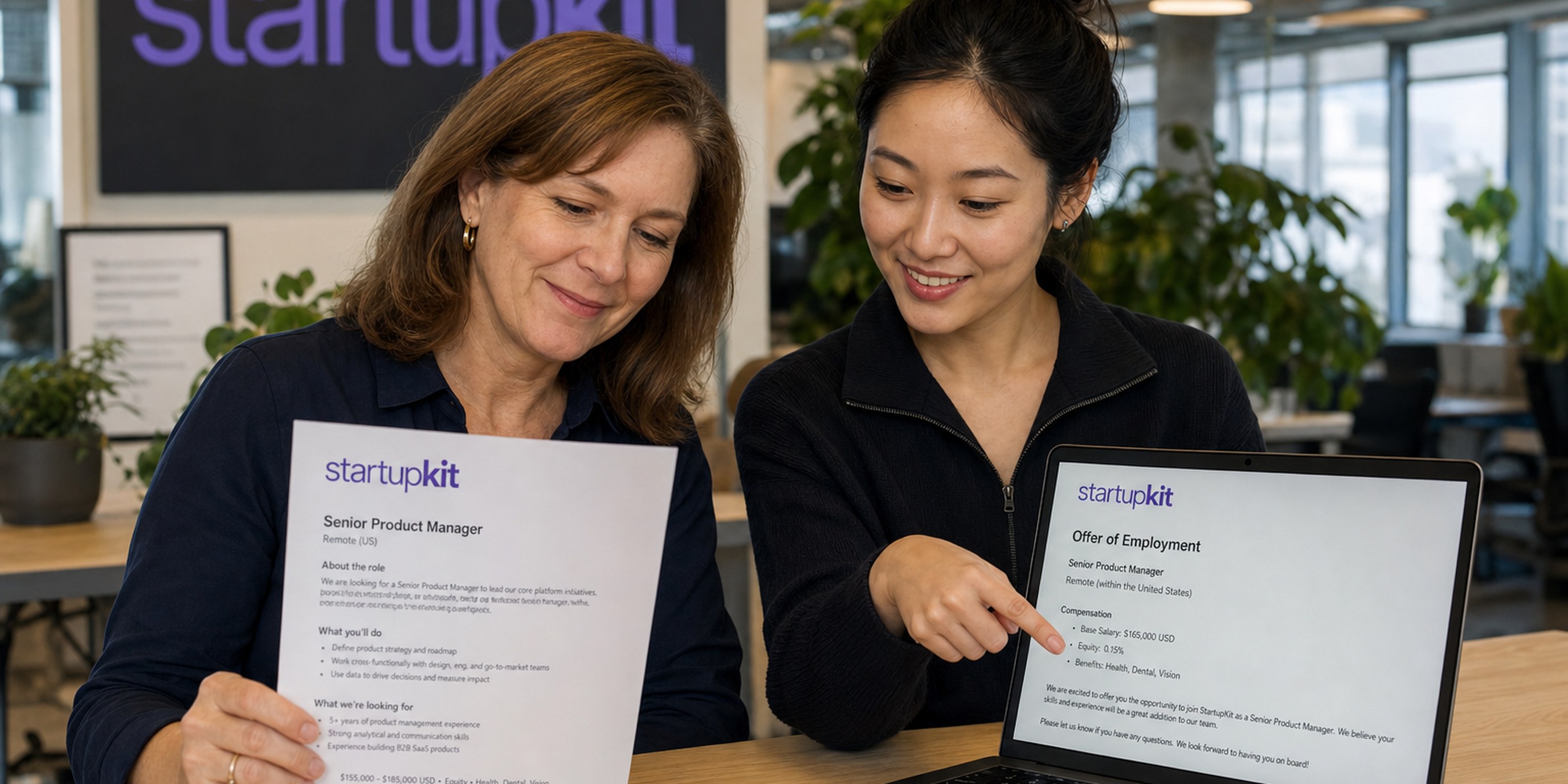 A startup recruiter at a sunlit desk comparing a job posting's original remote listing against the offer letter on a second screen, checking that the details still match