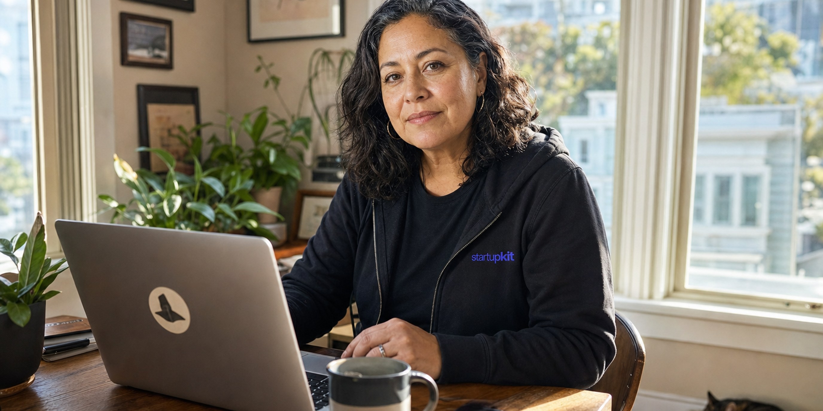 A Latina engineering leader in her early fifties at a sunlit bay-window home office desk in a San Francisco Victorian, glancing up from a laptop showing a job posting's remote-policy line
