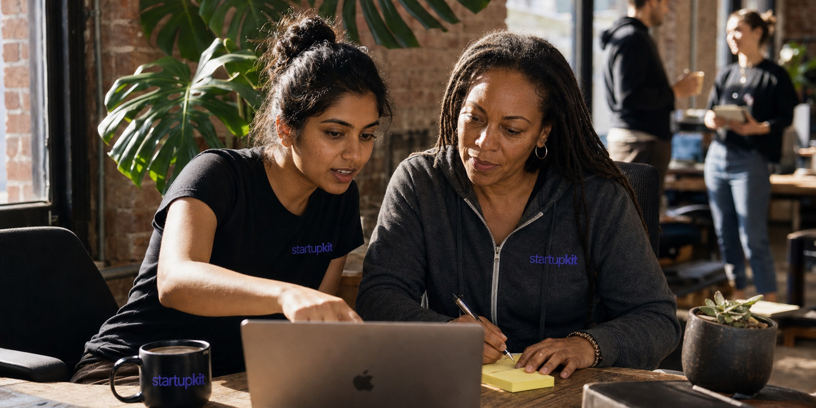 Two startup security engineers at a desk reviewing a vulnerability disclosure policy draft with the safe harbor clause highlighted on screen
