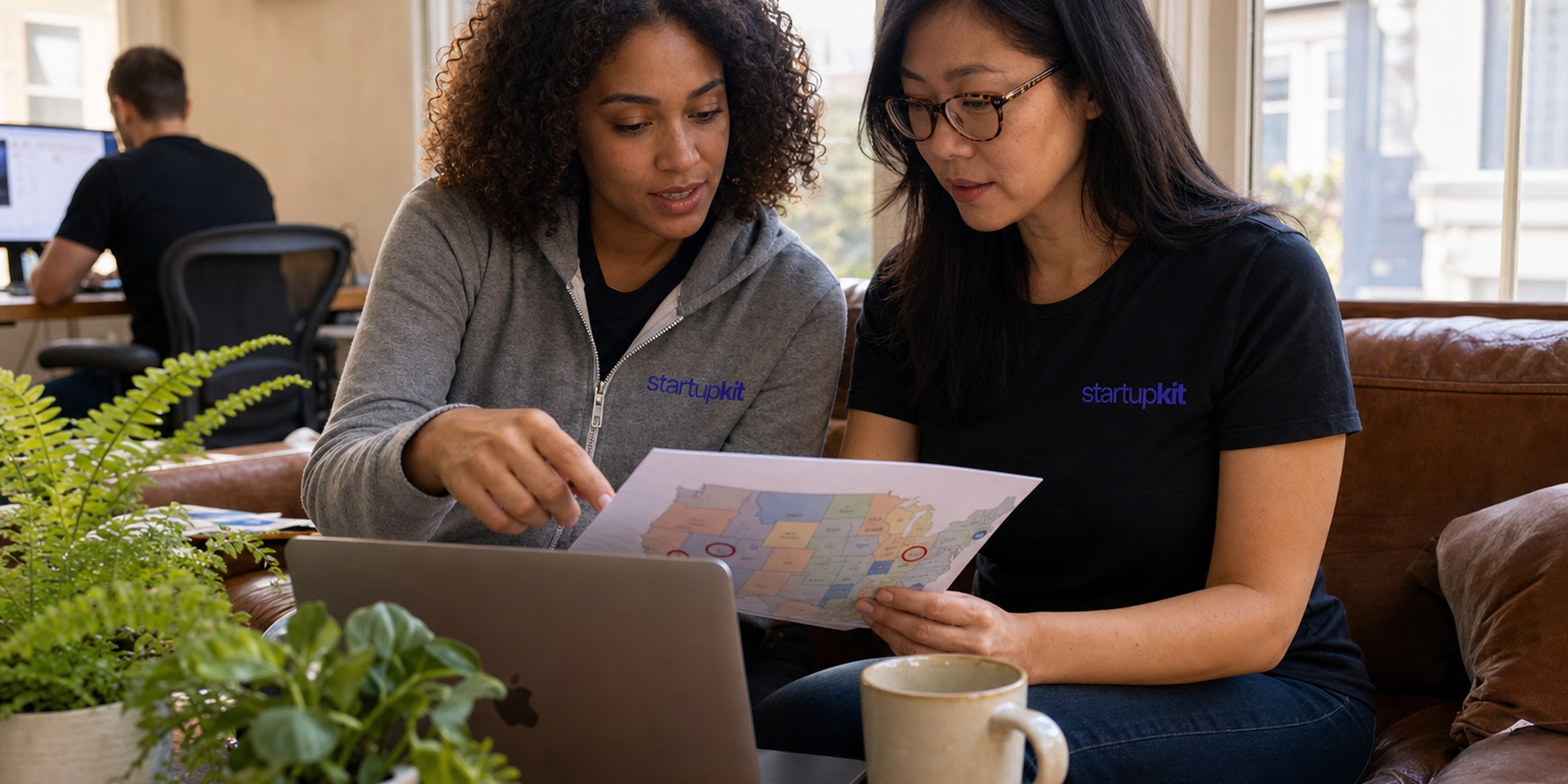 Two startup People-ops leads on a sunny Victorian home-office floor reviewing an AI-hiring compliance map with NYC, Illinois, and California deadlines pinned side by side on a laptop
