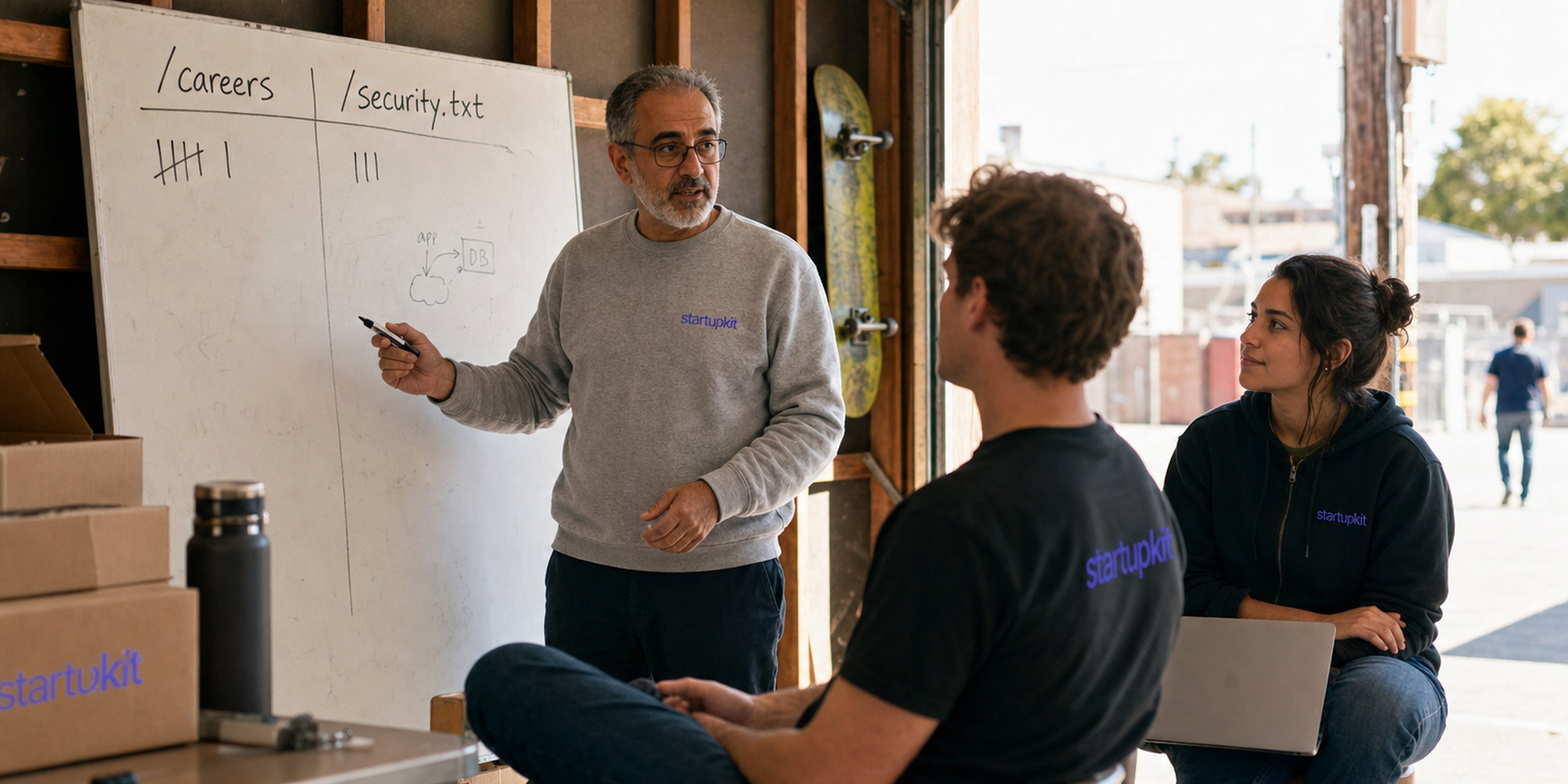 A founder at a whiteboard in a garage workspace explaining two columns headed slash-careers and slash-security-dot-txt to two teammates